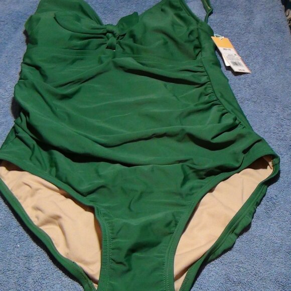 Kona Sol Womens Tie Front High Coverage One Piece Swimsuit Green M XL - Picture 2 of 16